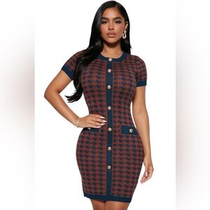 Fashion Nova Navy and Rust Houndstooth Sweater Dress